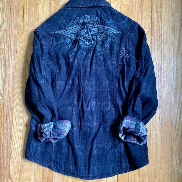 DEEP GREY PLAID HARLEY DAVIDSON COLLAR BUTTON UP WITH LONG SLEEVES - Picture 8 of 9